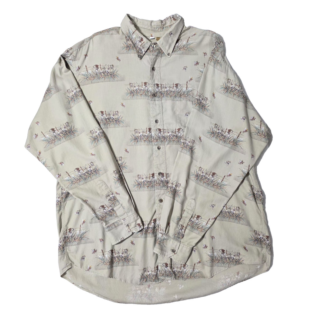 VTG Ruff Hewn Button Down Shirt XL Hunting Dog Pheasant Bird Print Made in USA